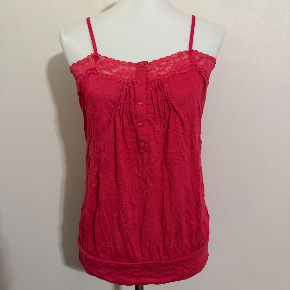 One Step Up Y2K Camisole Large Pink Lace Trim Crinkle Button Front Boho Tank Top - Picture 2 of 7
